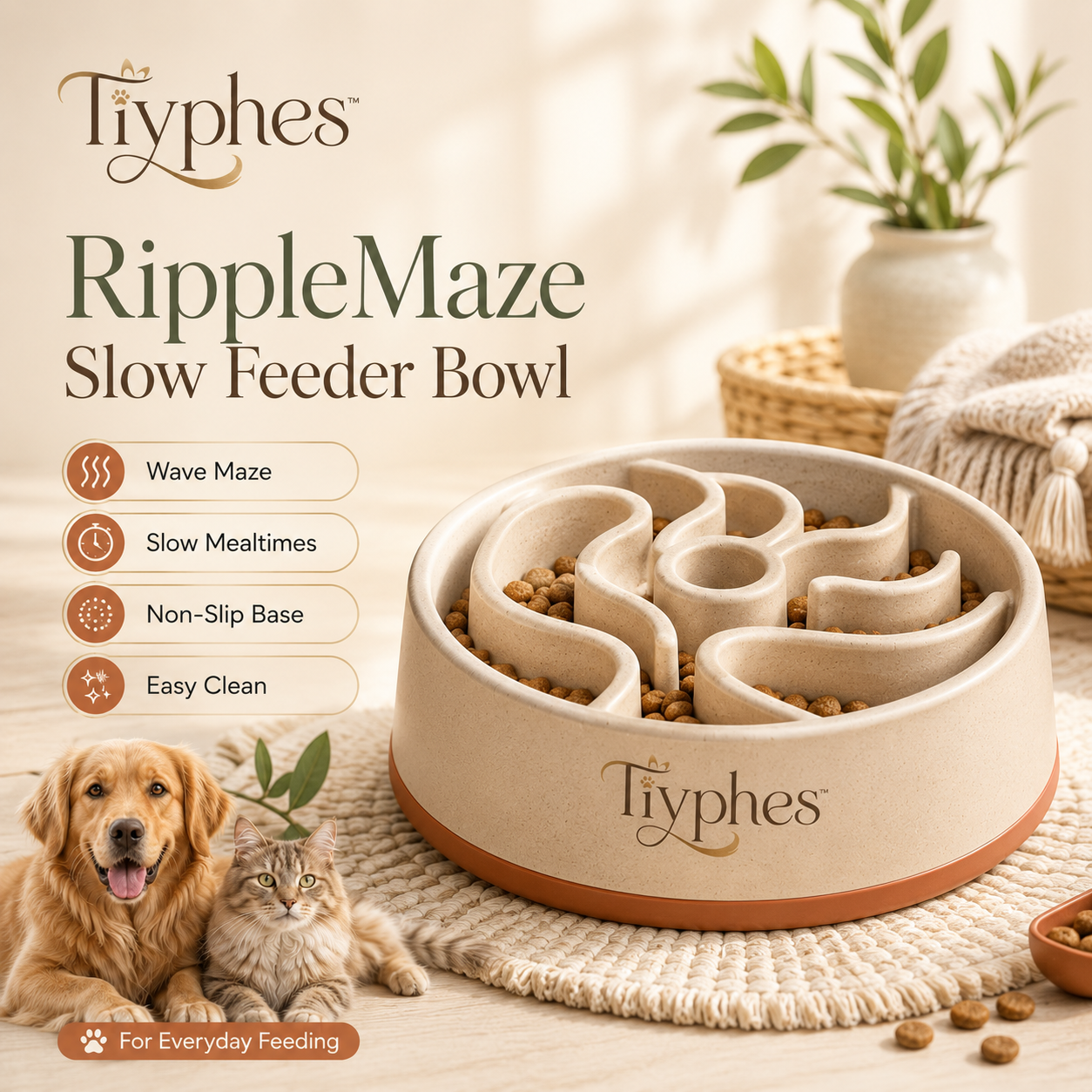 Tiyphes™ RippleMaze Slow Feeder Bowl, Non-Slip Enrichment Dog Bowl for Dry or Wet Food