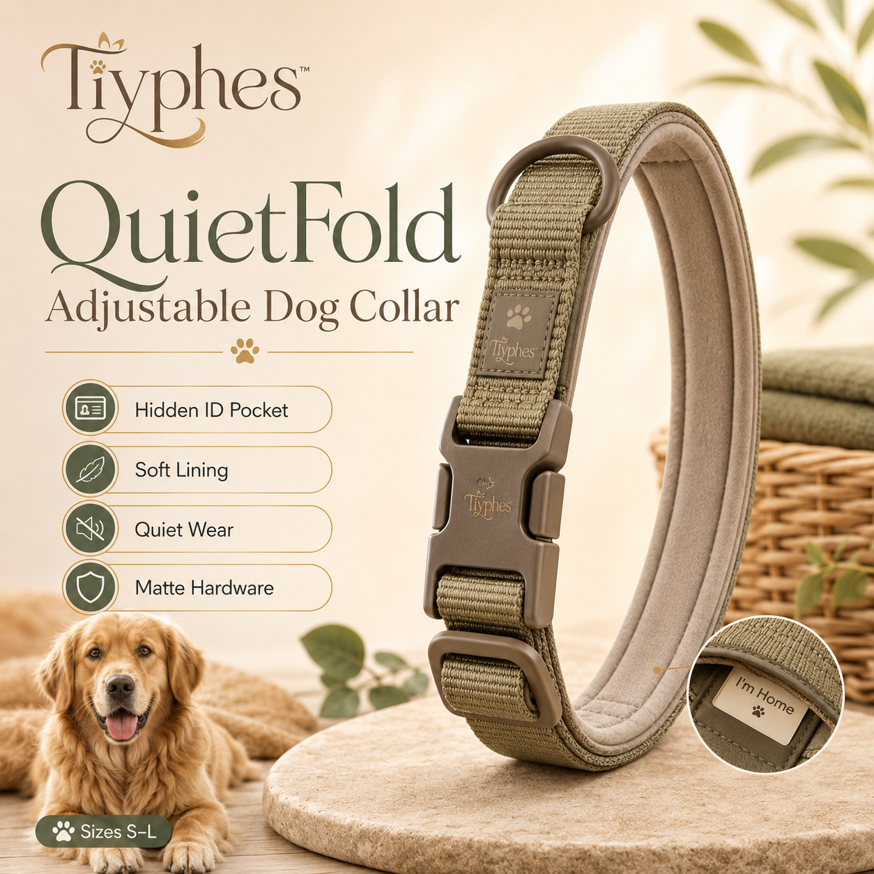 Tiyphes™ QuietFold Adjustable Dog Collar, Soft-Lined Everyday Collar with Hidden ID Tag Pocket