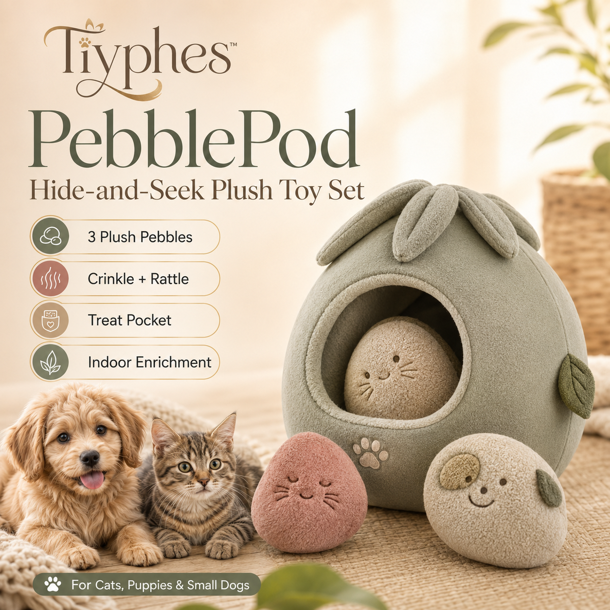 Tiyphes™ PebblePod Hide-and-Seek Plush Toy Set, Crinkle Treat Puzzle for Cats, Puppies & Small Dogs